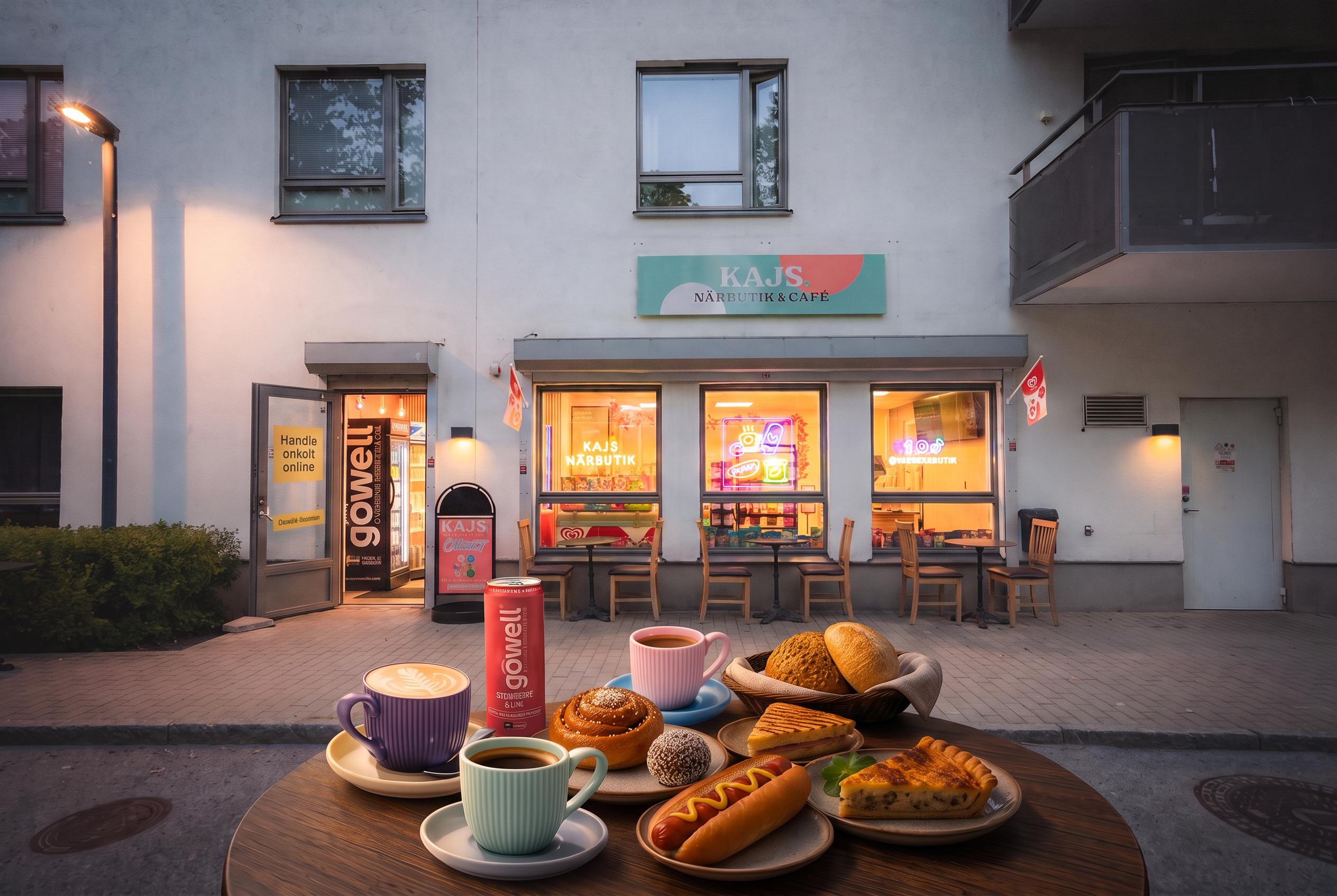 KAJS Närbutik & Café exteriör med cafésorterat framför butiken